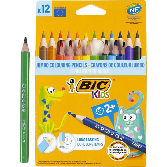 BIC Crayons de Couleur Triangulaires Evolution, L : 14 cm, mine 5 mm, ass. de couleurs, 12 pièces/ 1 Pq.