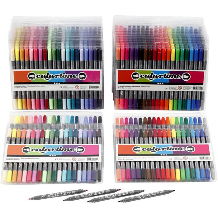 Feutres Colortime Double Pointe, trait 2,3+3,6 mm, couleurs classiques, couleur extra, 24 Pq./ 1 Pq.