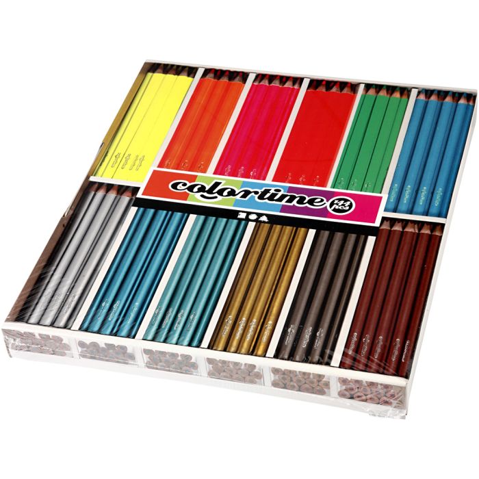 Crayons de Couleur Colortime, L : 17,45 cm, mine 4 mm, couleurs métalliques, couleurs néons, 144 pièces/ 1 Pq.