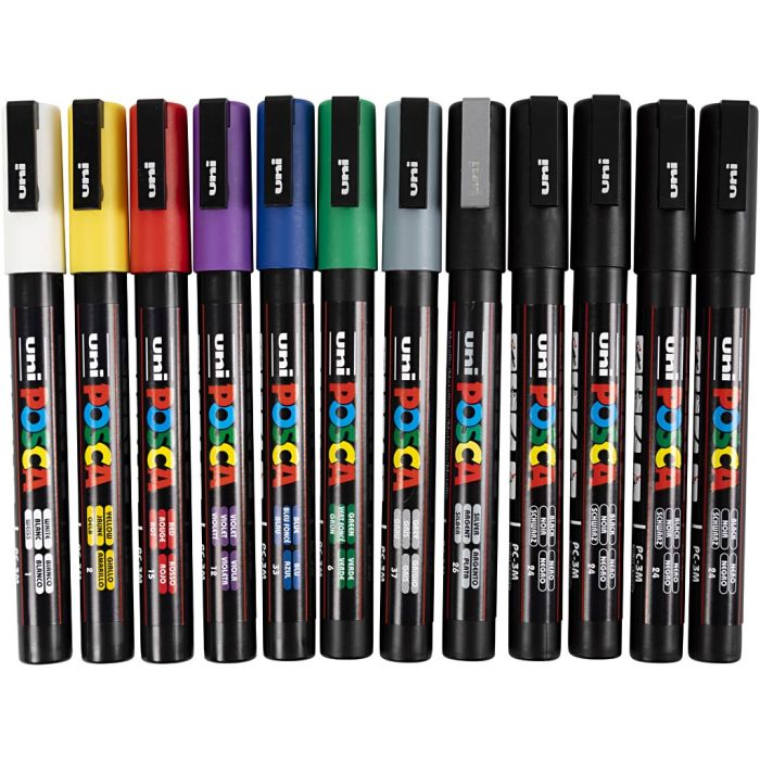 Marqueur Posca, dim. PC-3M, trait 0,9-1,3 mm, fin, ass. de couleurs, 12 pièces/ 1 Pq.