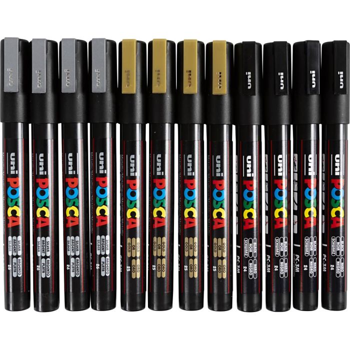 Marqueur Posca, dim. PC-3M, trait 0,9-1,3 mm, fin, noir, or, argent, 12 ass./ 1 Pq.