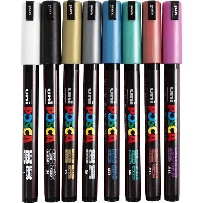 Marqueur Posca, dim. PC-1MR, trait 0,7 mm, extra fin, couleurs métalliques, 8 ass./ 1 Pq.