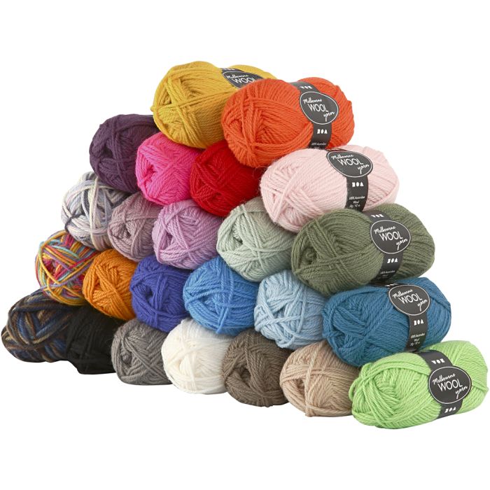 Pelote de laine Melbourne, L : 92 m, ass. de couleurs, 24x50 gr/ 1 Pq.