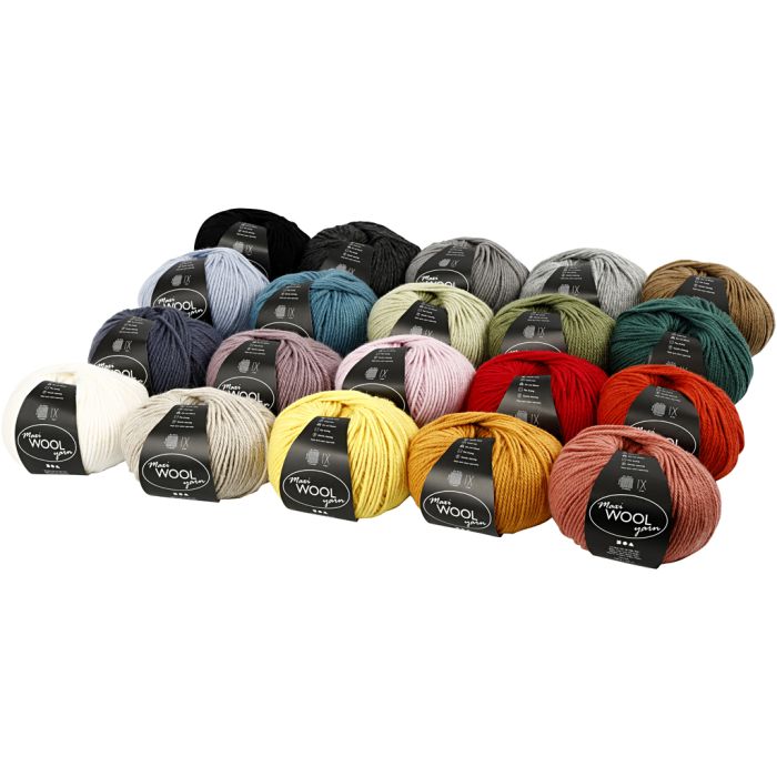 Pelotes de Laine, L : 125 m, ass. de couleurs, 20x100 gr/ 1 Pq.