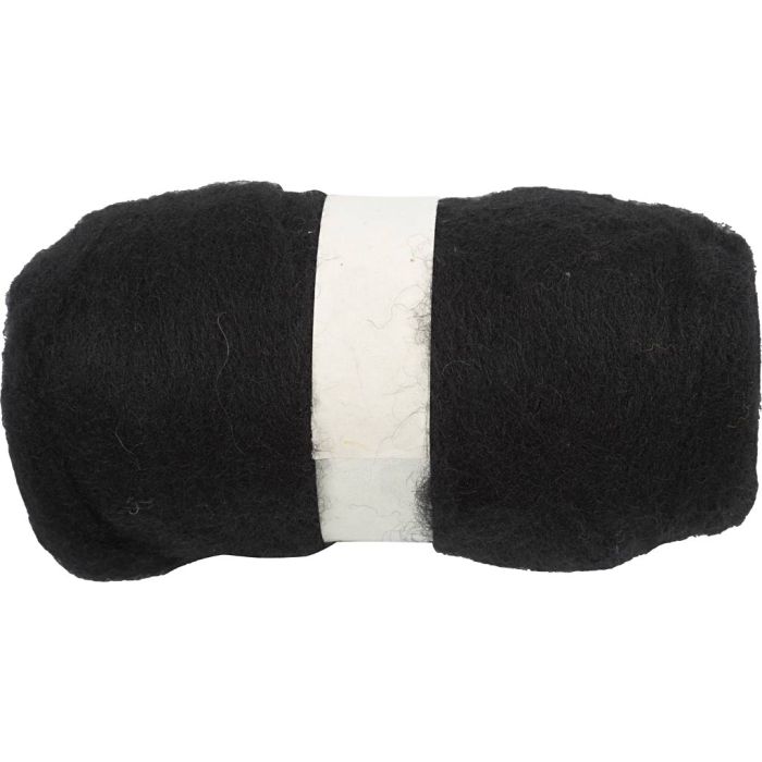 Pelote de Laine Cardée, noir, 100 gr/ 1 boule