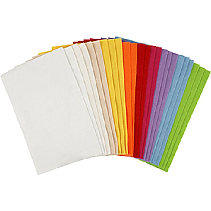 Feutrine synthétique, feuille 20x30 cm, ép. 1,5-2 mm, 180-200 gr, ass. de couleurs, 24 flles ass./ 1 Pq.