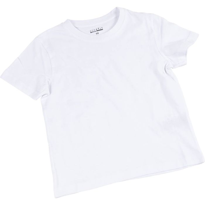 T-shirts, L : 36 cm, dim. 5-6 ans, col rond, 145 gr, blanc, 1 pièce
