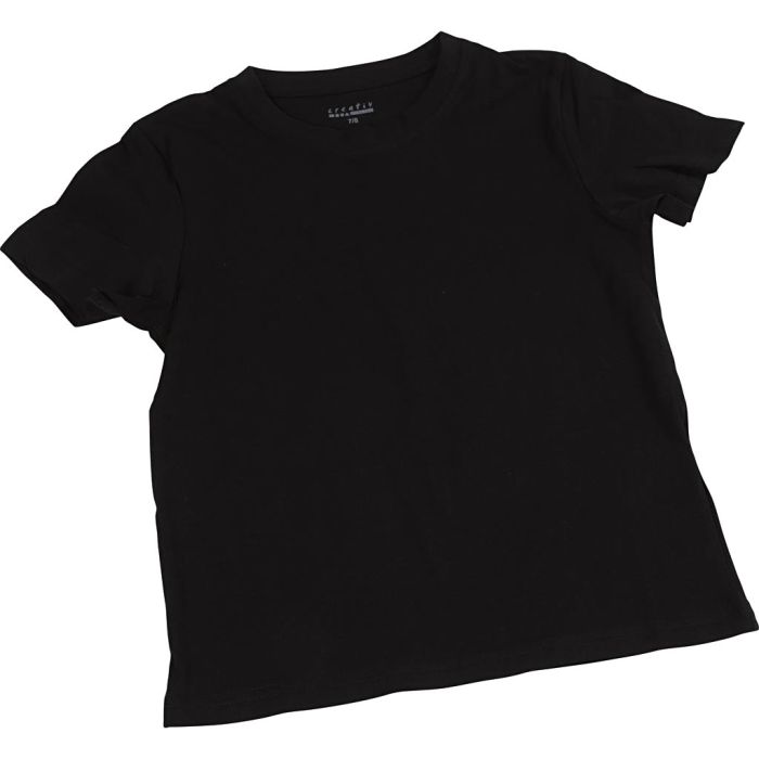 T-shirts, L : 40 cm, dim. 7-8 ans, col rond, 145 gr, noir, 1 pièce