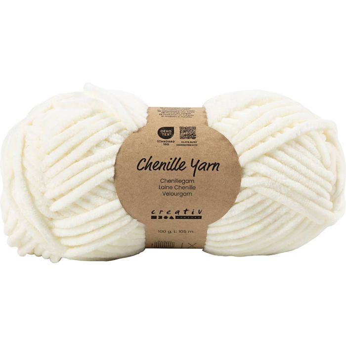 Laine Chenille, L : 105 m, aiguille 5-6, blanc cassé, 100 gr/ 1 boule