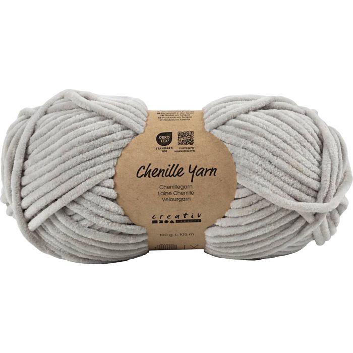 Laine Chenille, L : 105 m, aiguille 5-6, gris, 100 gr/ 1 boule