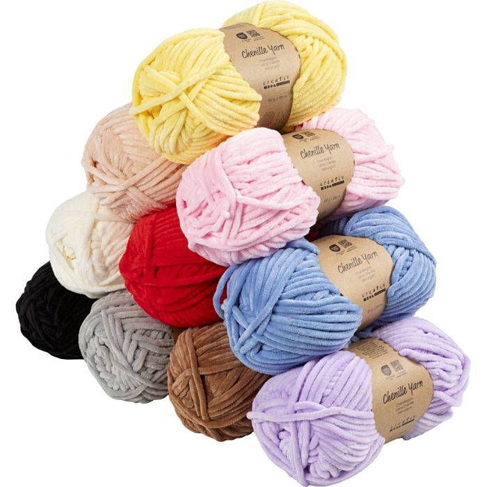 Laine Chenille, L : 10x105 m, aiguille 5-6, ass. de couleurs, 10x100 gr/ 1 Pq.