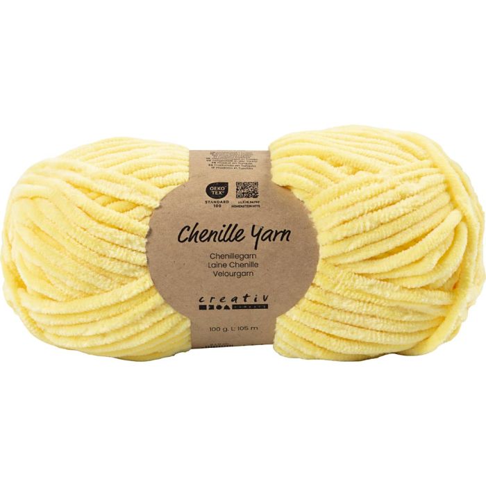 Laine Chenille, L : 105 m, aiguille 5-6, jaune clair, 100 gr/ 1 boule