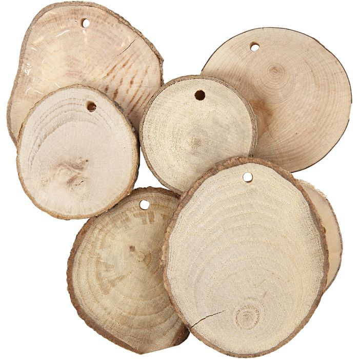 Disque en bois avec trou, d 40-70 mm, diamètre intérieur 4 mm, ép. 5 mm, ca. 250 gr, 25 pièces/ 1 Pq.