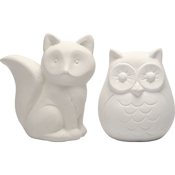 Tirelire, hibou et renard, H : 9 cm, blanc, 2 pièces/ 1 Pq.