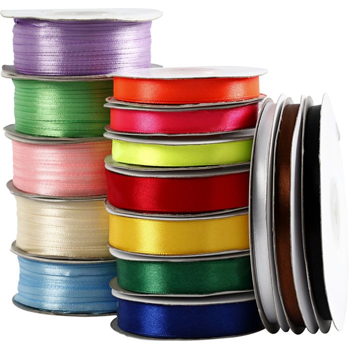 Ruban de satin, L : 3-19 mm, ass. de couleurs, 15 rouleau/ 1 Pq.