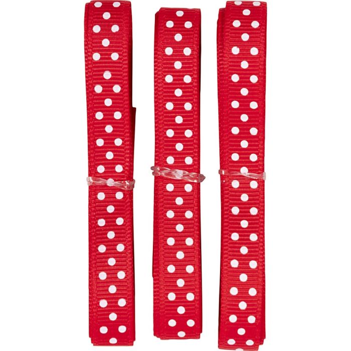 Rubans décoratifs, L : 10 mm, pois, rouge, blanc, 3 m, 3x1 m/ 1 Pq.