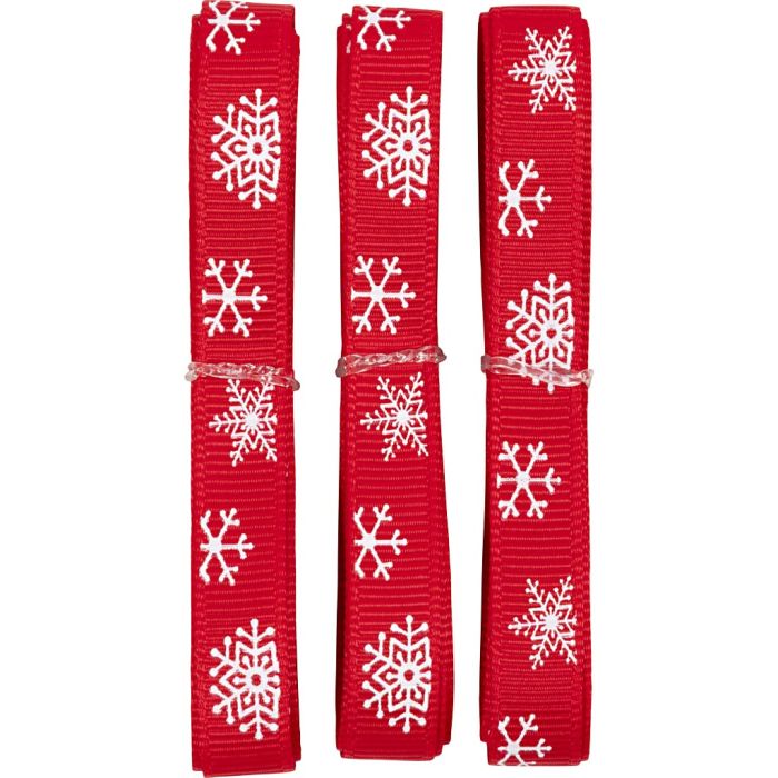 Rubans décoratifs, L : 10 mm, flocon de neige, rouge, blanc, 3 m, 3x1 m/ 1 Pq.