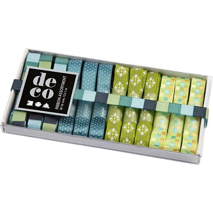 Rubans décoratifs, L : 10 mm, harmonie bleu/vert, 12x1 m/ 1 Pq.