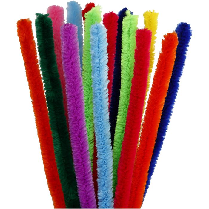 Fil chenille, L : 30 cm, ép. 15 mm, ass. de couleurs, 15 ass./ 1 Pq.