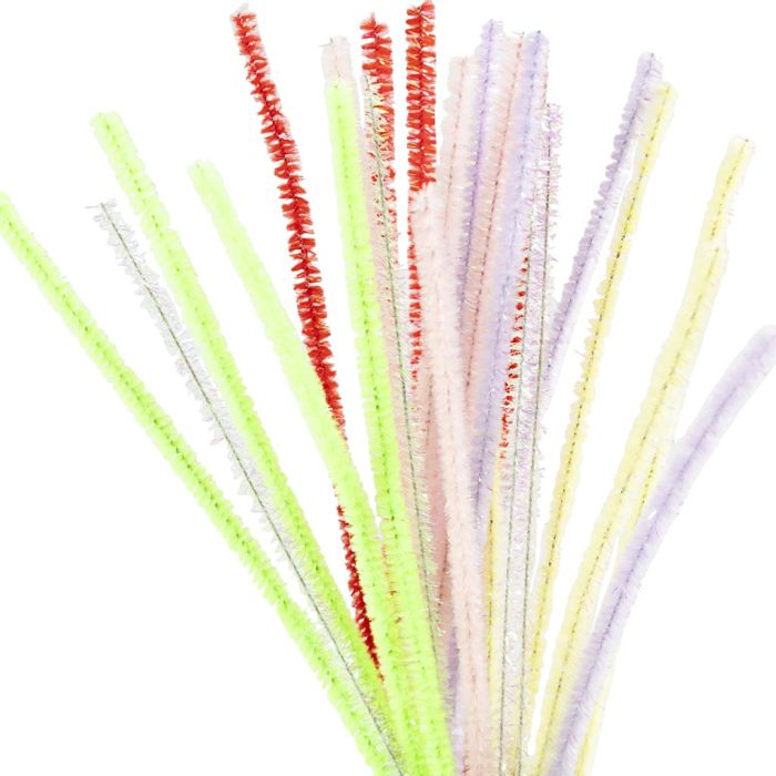 Fil chenille, L : 30 cm, ép. 6 mm, couleurs de printemps, 24 ass./ 1 Pq.