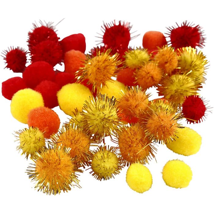 Pompons, d 15+20 mm, orange, rouge, jaune, 48 pièces/ 1 Pq.