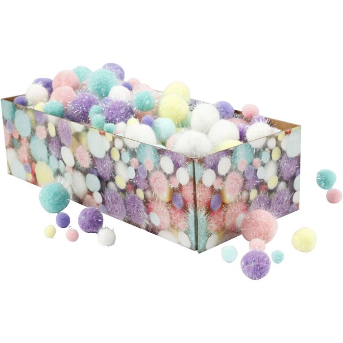 Pompons, d 15-40 mm, paillettes, ca. 400 pièce, couleurs pastel, 400 gr/ 1 Pq.