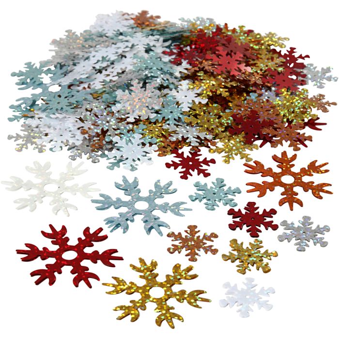 Paillettes, dim. 25+45 mm, flocon de neige, ass. de couleurs, 250 gr/ 1 Pq.