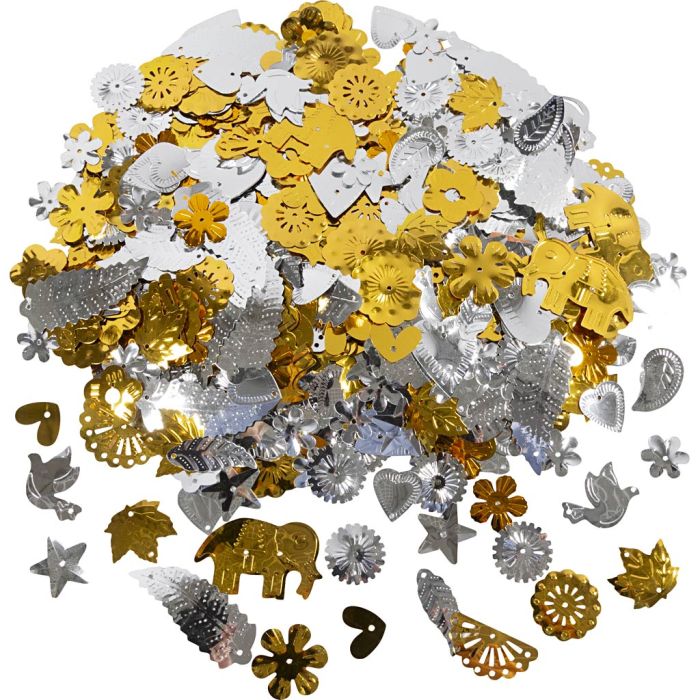 Sequins, dim. 15-45 mm, or, argent, 400 gr/ 1 Pq.
