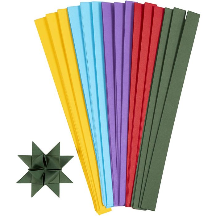 Bandes de papier étoiles, L : 45 cm, L : 15 mm, d 6,5 cm, ass. de couleurs, 500 pièces/ 1 Pq.