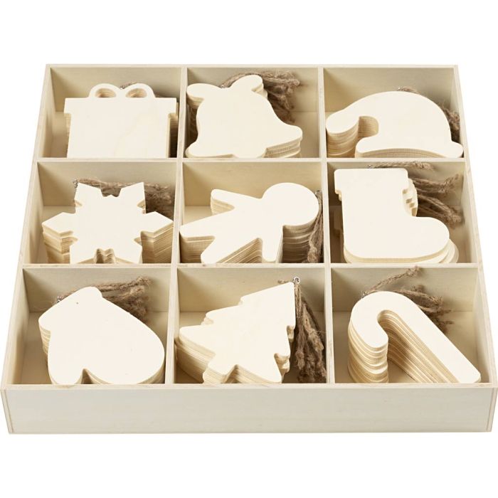 Décorations en bois, Figurines de Noël, dim. 7-9 cm, ép. 4 mm, 90 pièces/ 1 Pq.