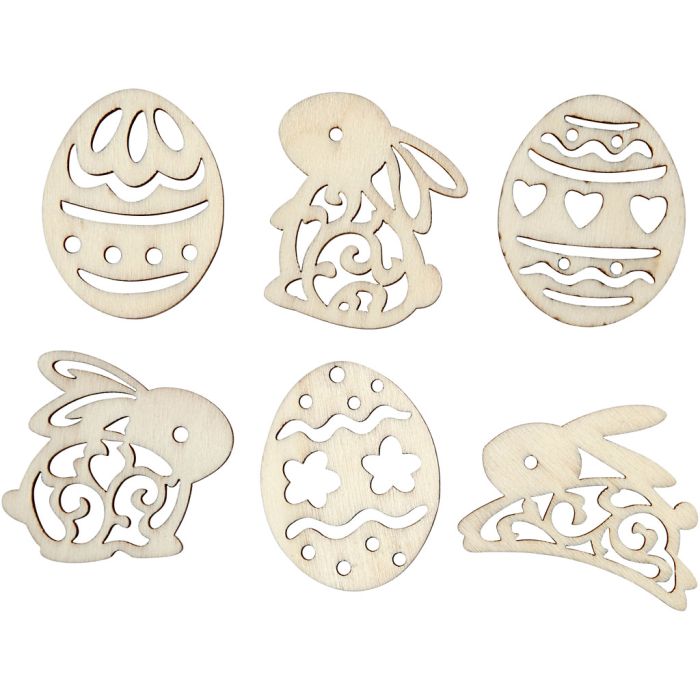 Décorations en bois, Oeuf et lapin de Pâques , H : 40 mm, ép. 3 mm, 24 pièces/ 1 Pq.