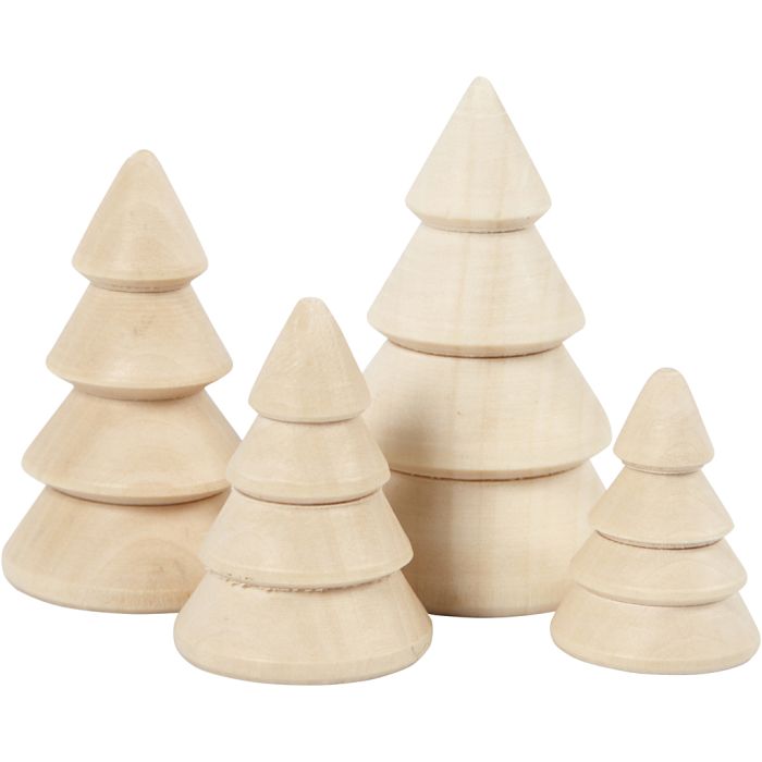 Sapins de Noël en bois, H : 3,3+4,3+5,3+6,3 cm, d 2,3+3+3,2+4 cm, 4 pièces/ 1 Pq.