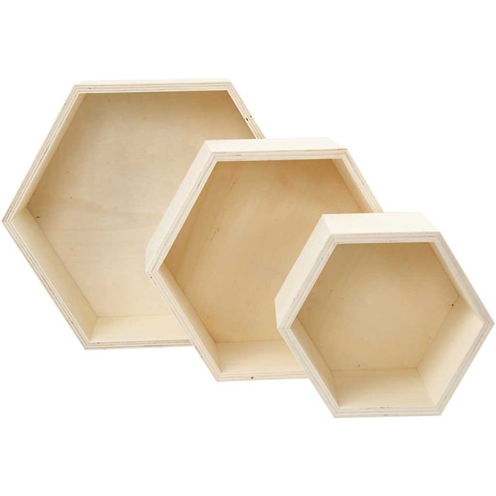 Boîtes de rangement, hexagonales, H : 14,8+19+24,2 cm, P: 10 cm, 3 pièces/ 1 set