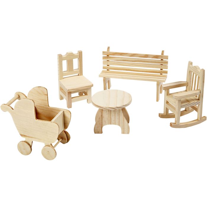 Mini-meubles, table de jardin, landau, mini-chaise, fauteuil à bascule, banc, H : 5,8-10,5 cm, naturel, 50 pièces/ 1 Pq.