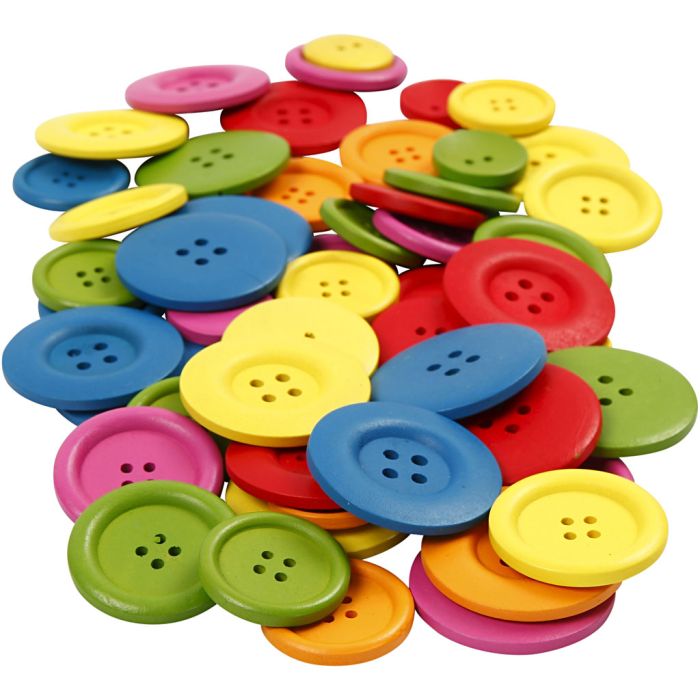 Boutons en bois, d 25-40 mm, 2-4 trous, ass. de couleurs, 144 pièces/ 1 Pq.
