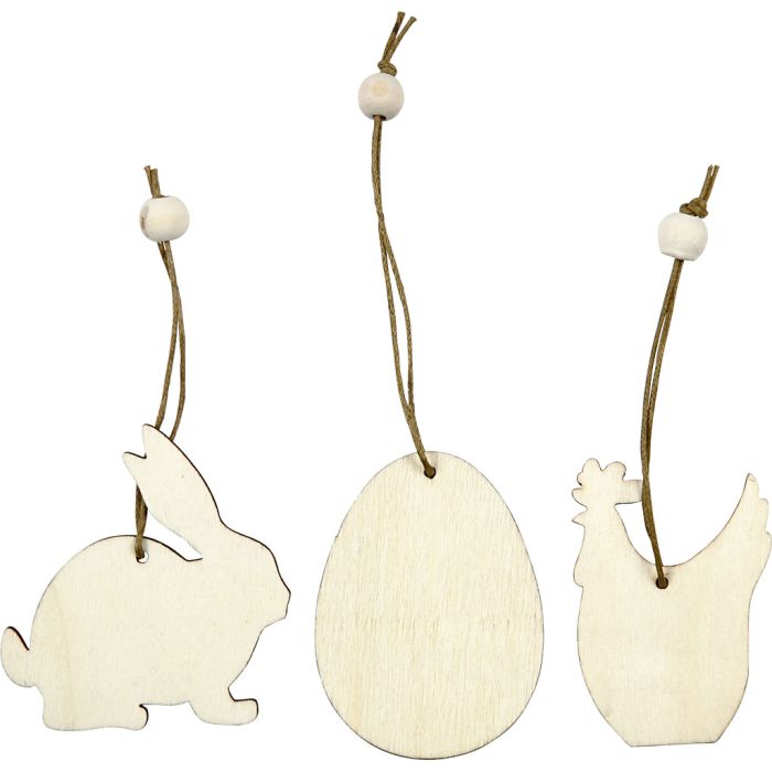 Décorations en bois, lapin, fleur, poulet, dim. 6 cm, ép. 3 mm, 9 pièces/ 1 Pq.