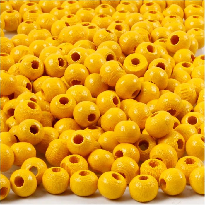Perles en Bois, d 5 mm, diamètre intérieur 1,5 mm, ca. 150 pièce, jaune, 6 gr/ 1 Pq.