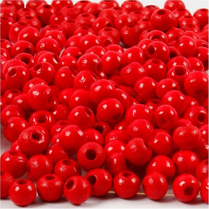 Perles en Bois, d 5 mm, diamètre intérieur 1,5 mm, ca. 150 pièce, rouge, 6 gr/ 1 Pq.