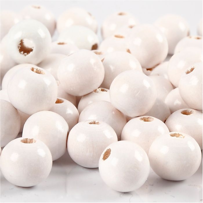 Perles en Bois, d 12 mm, diamètre intérieur 3 mm, ca. 40 pièce, blanc, 22 gr/ 1 Pq.