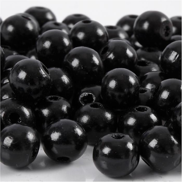 Perles en Bois, d 12 mm, diamètre intérieur 3 mm, ca. 40 pièce, noir, 22 gr/ 1 Pq.