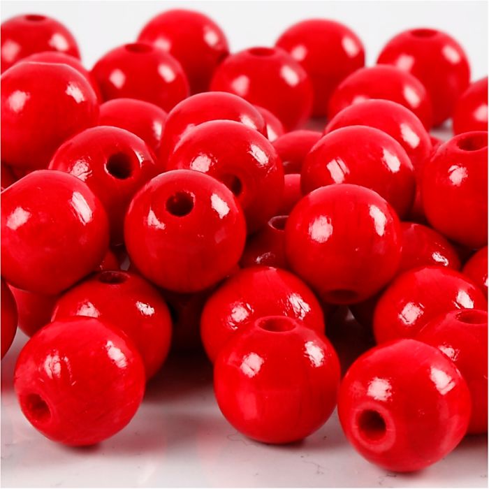 Perles en Bois, d 10 mm, diamètre intérieur 3 mm, ca. 70 pièce, rouge, 20 gr/ 1 Pq.