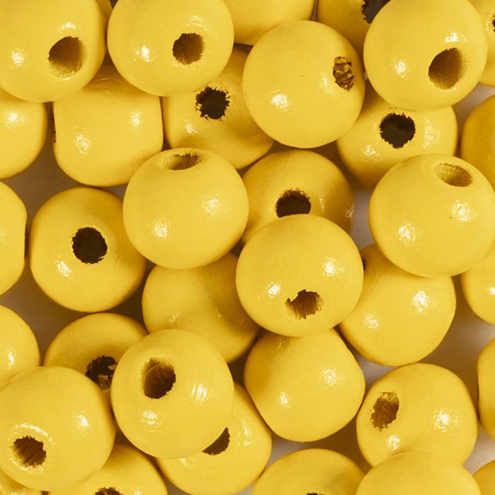 Perles en Bois, d 10 mm, diamètre intérieur 3 mm, jaune, 175 pièce, 50 gr/ 1 Pq.