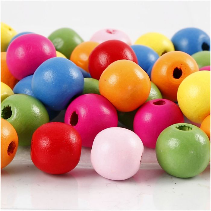 Perles en bois, d 12 mm, diamètre intérieur 2,5-3 mm, ca. 800 pièce, ass. de couleurs, 500 gr/ 1 sac