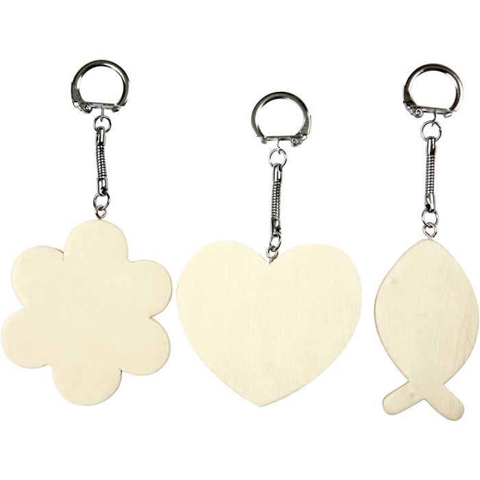 Porte-clés avec pendentif en bois, dim. 6-7 cm, ép. 3 mm, 3 pièces/ 1 Pq.