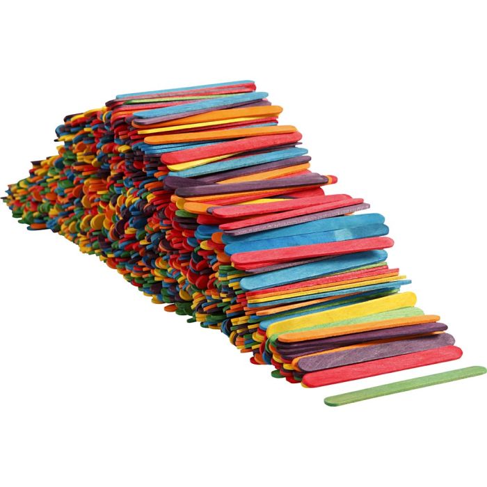 Tiges en bois, L : 11.4 cm, L : 10 mm, ass. de couleurs, 1000 pièces/ 1 Pq.