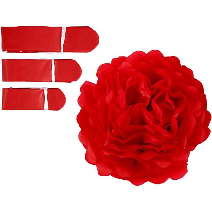 Pompons en papier, d 20+24+30 cm, 16 gr, rouge, 3 pièces/ 1 Pq.