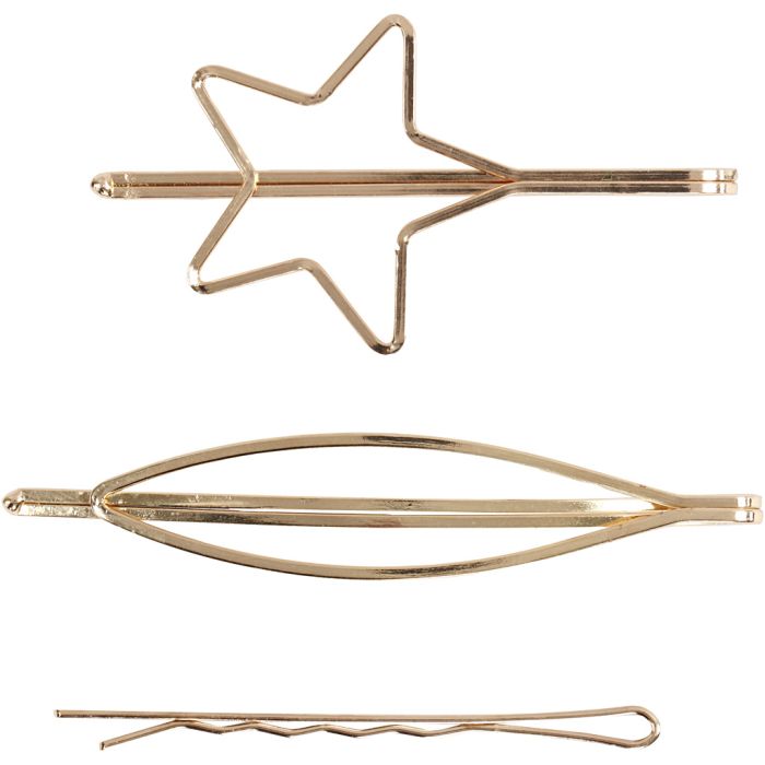 Pince à cheveux, L : 70 mm, L : 32 mm, doré, 3 pièces/ 1 Pq.