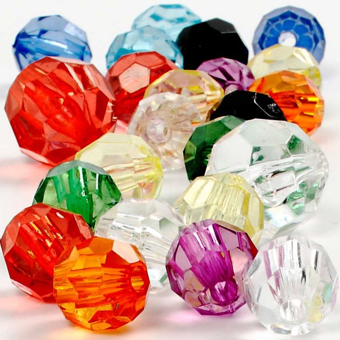 Perles à Facettes, dim. 10-12-16 mm, diamètre intérieur 1-2,5 mm, ass. de couleurs, 75 gr, 100 pièce/ 1 Pq.