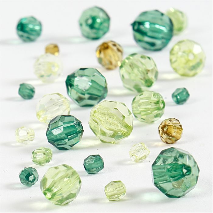 Perles à facettes, dim. 4-12 mm, diamètre intérieur 1-2,5 mm, ca. 170 pièce, glitter vert, 45 gr/ 1 Pq.