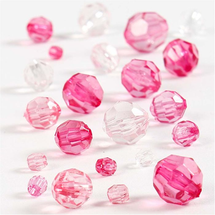 Perles à facettes, dim. 4-12 mm, diamètre intérieur 1-2,5 mm, ca. 170 pièce, rose, 45 gr/ 1 Pq.